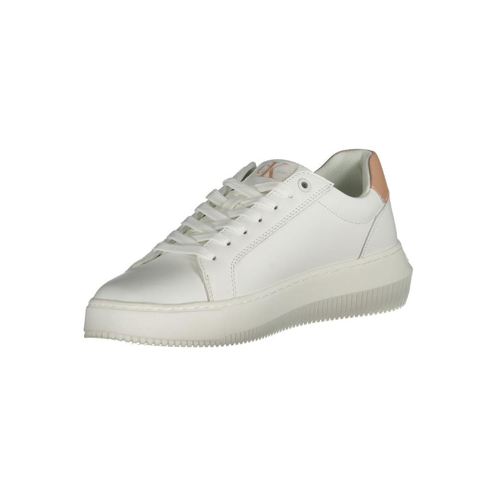 Calvin Klein white leather women sneaker with pink accents and logo, crafted with 50% recycled polyester for stylish eco-friendly wear.