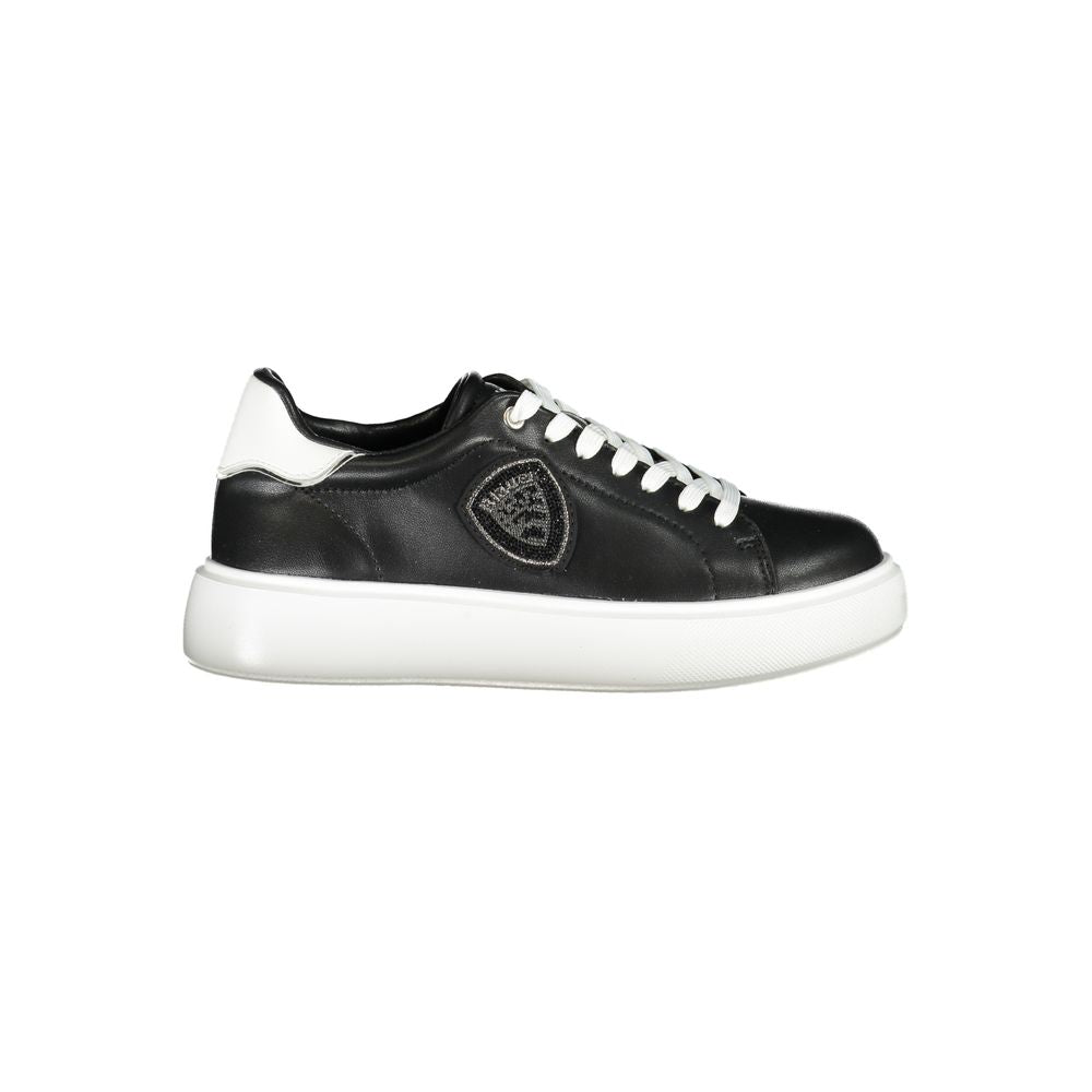 Blauer black leather women's sneaker with white accents and rhinestone details, featuring a removable insole and iconic logo.