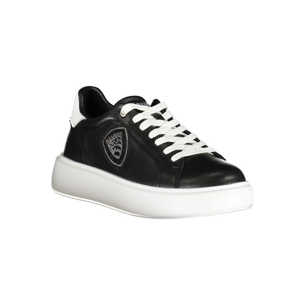 Blauer Black Leather Women's Sneaker with White Details and Rhinestone Embellishments, Featuring Iconic Logo