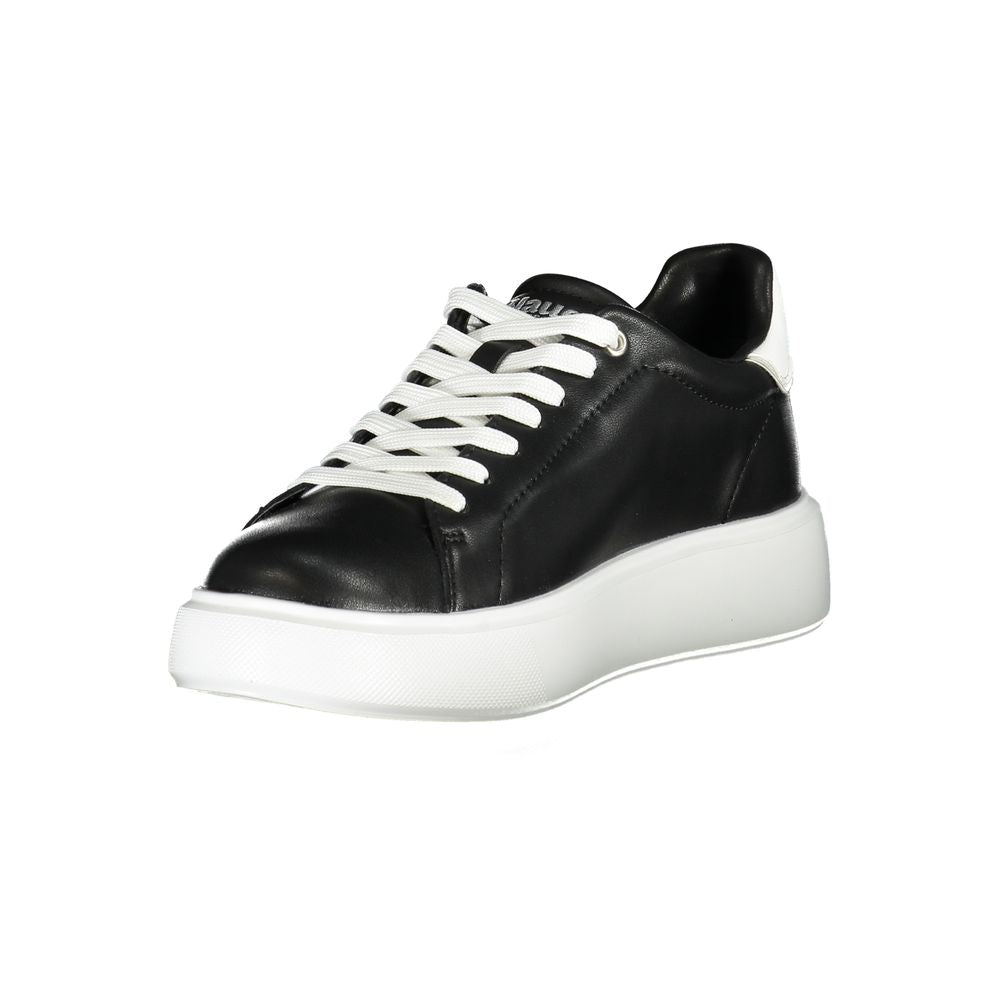 Blauer Black Leather Women Sneaker with white details and rhinestone sparkle on a thick sole, featuring the iconic Blauer logo.