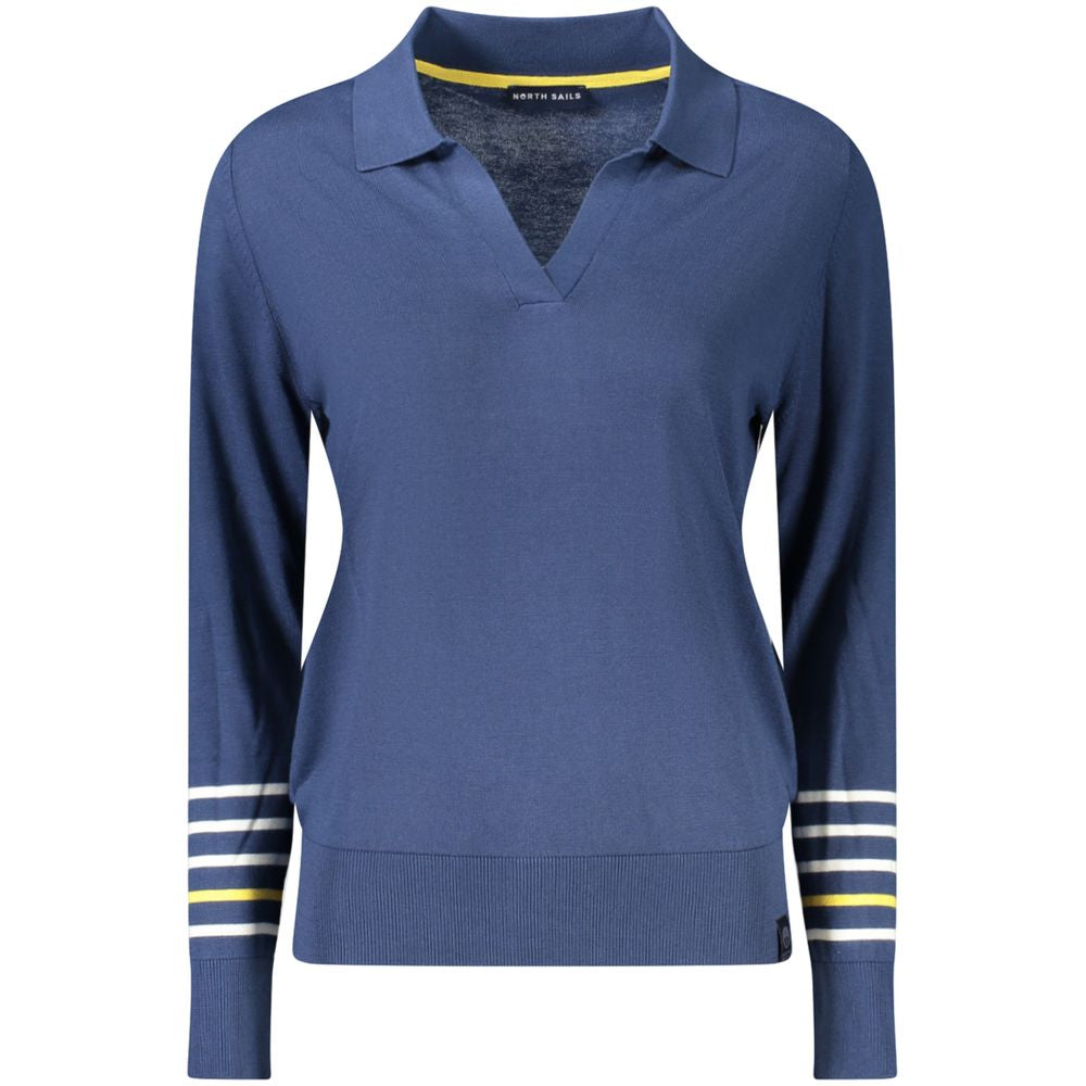 North Sails blue cotton women's sweater with V-neck, long sleeves, and logo detail, perfect for elegant casual wear.
