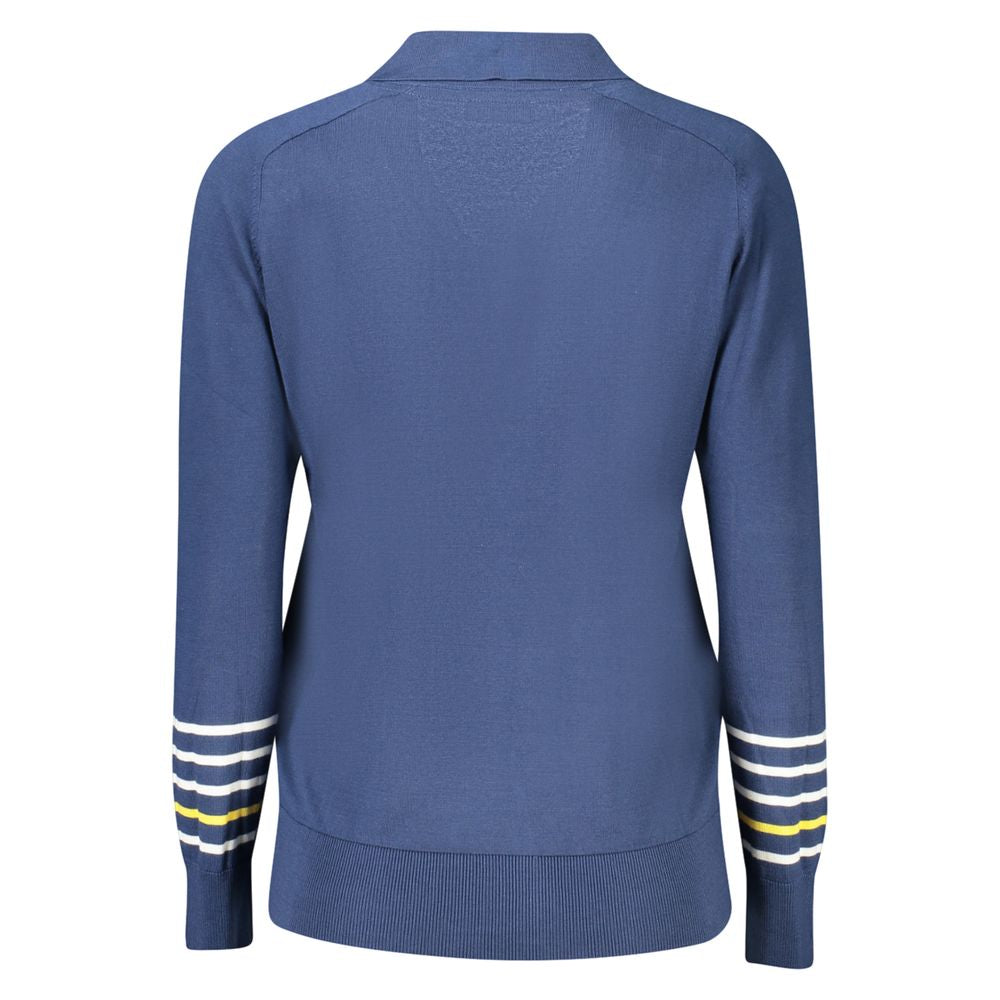 Back view of North Sails blue cotton women's sweater with long sleeves and striped cuffs, highlighting elegant and casual fashion.