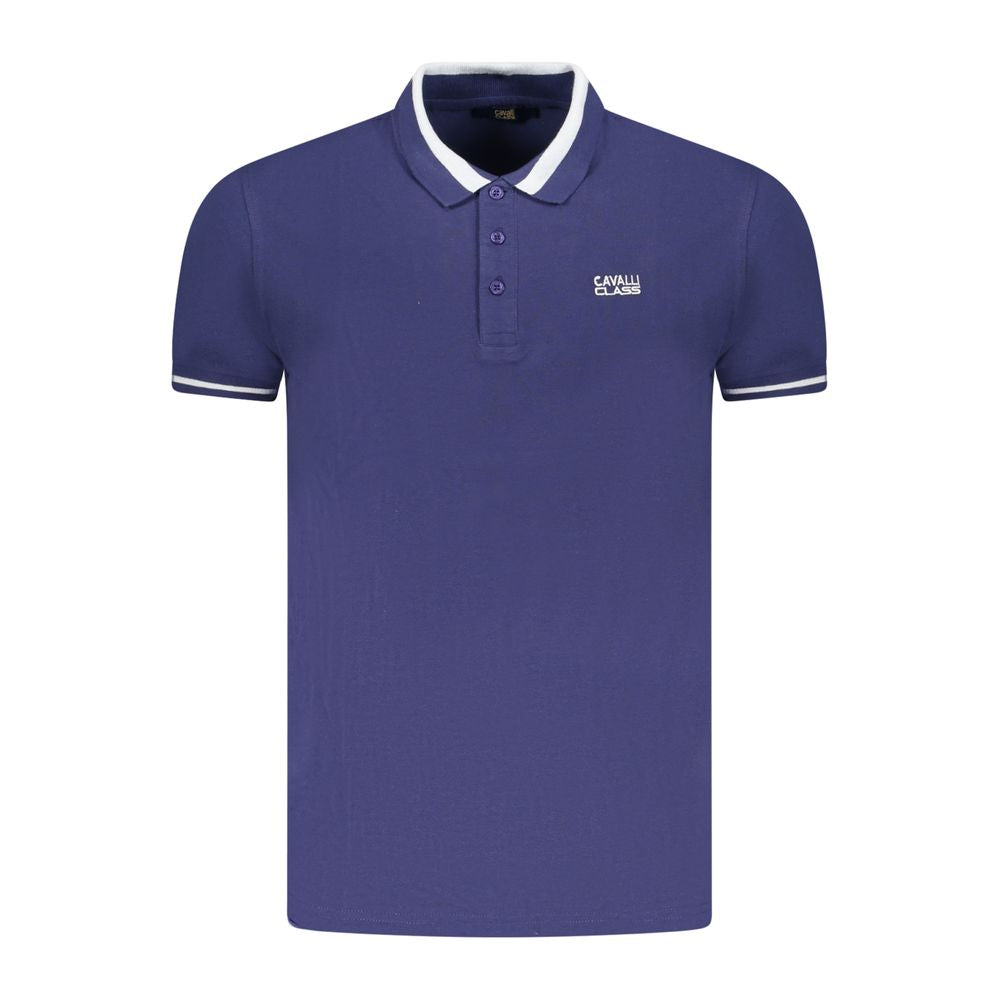 Cavalli Class Blue Cotton Men's Polo Shirt with contrasting details and embroidery, featuring a classic three-button design.