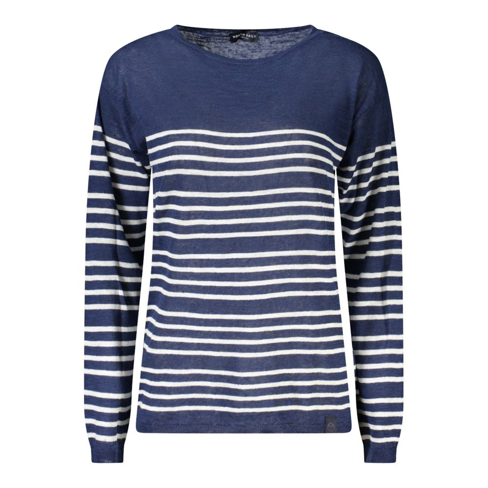 North Sails blue cotton women's sweater with striped long sleeves, wide neckline, and iconic logo, showcasing nautical style.
