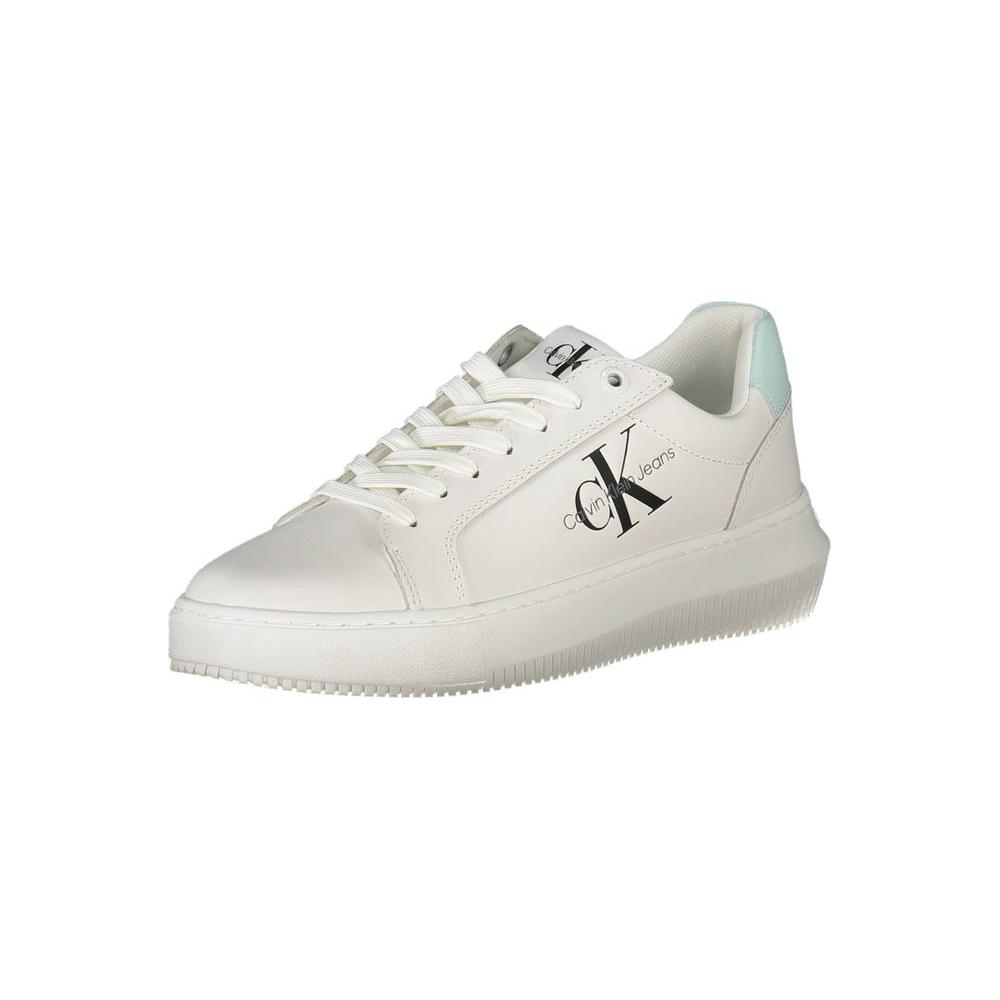 Calvin Klein white leather women's sneaker with CK logo and eco-friendly design, 50% recycled polyester, perfect for conscious style.