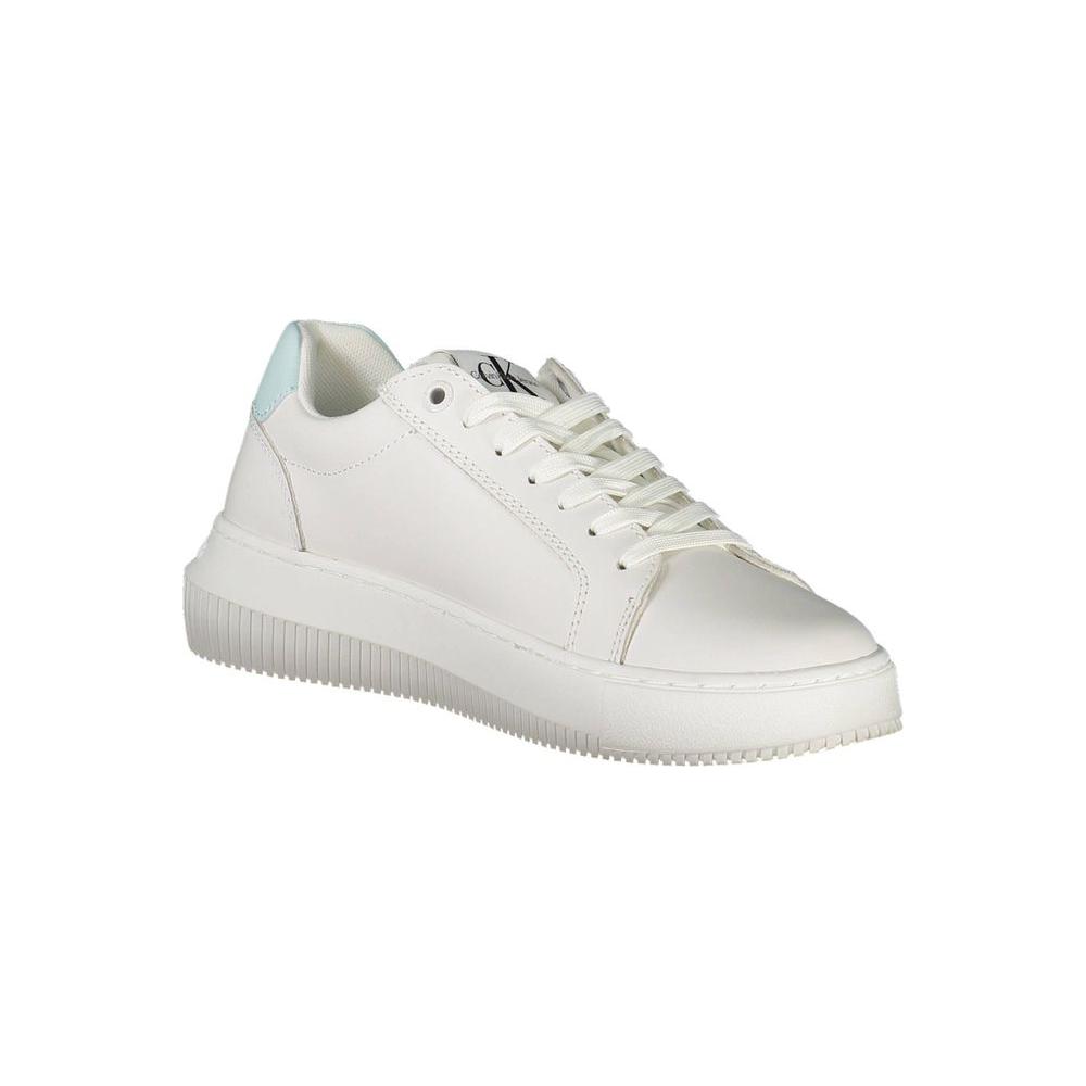 Calvin Klein white leather women's sneaker with CK logo, featuring sustainable materials and sleek design for eco-friendly style.