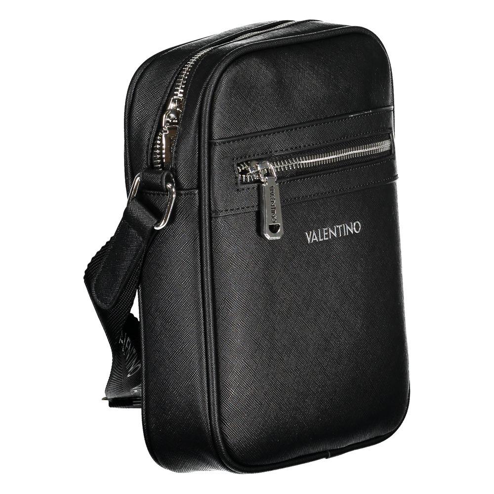 Black Valentino polyethylene shoulder bag with adjustable strap, zipper closure, and two external pockets. Features logo and contrasting details.