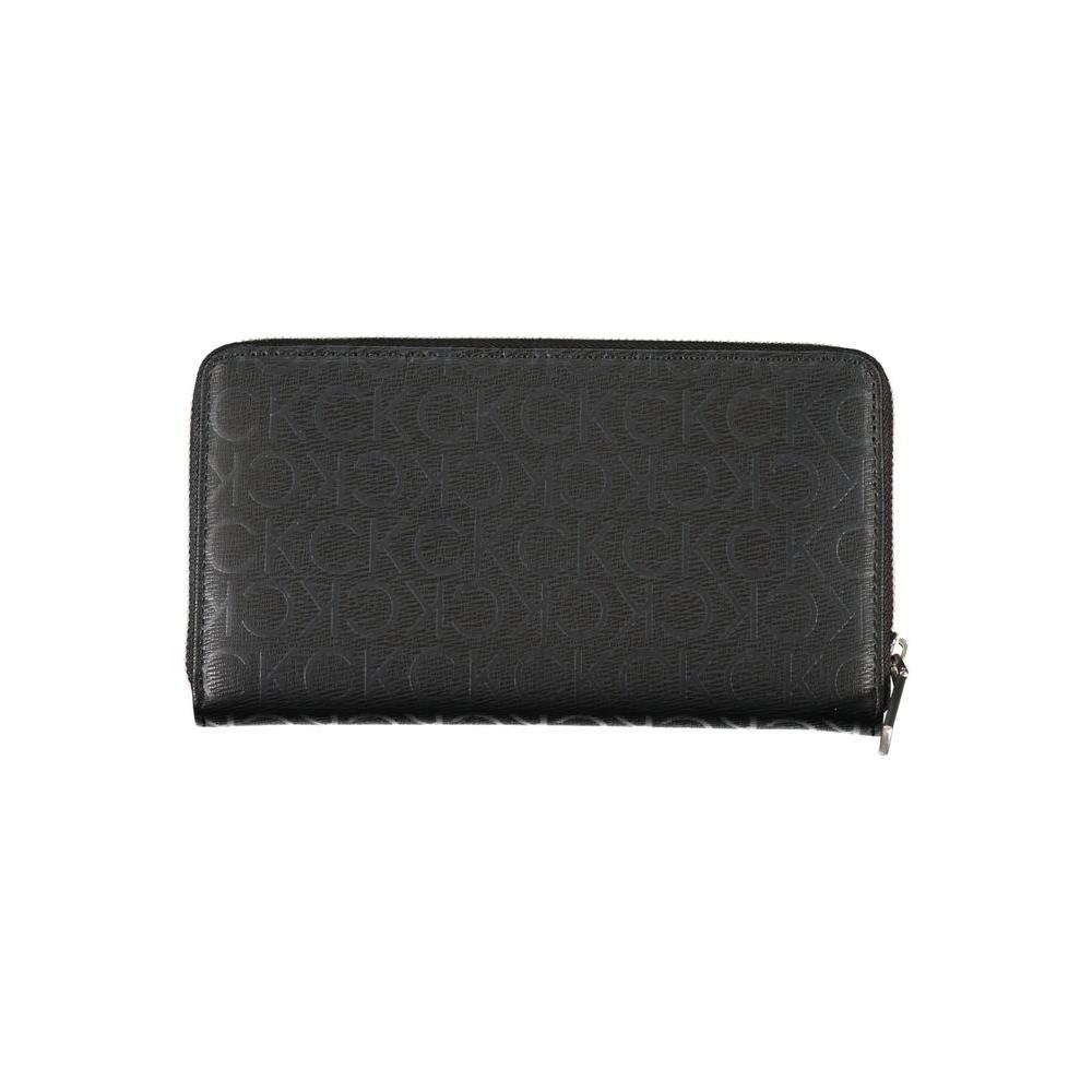 Calvin Klein sleek designer wallet with three compartments, RFID protection, black color, featuring a minimalist design.