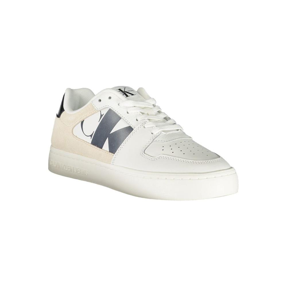 Calvin Klein white polyester sneaker featuring contrast details, lace-up closure, and logo design, made with 50% recycled rubber.