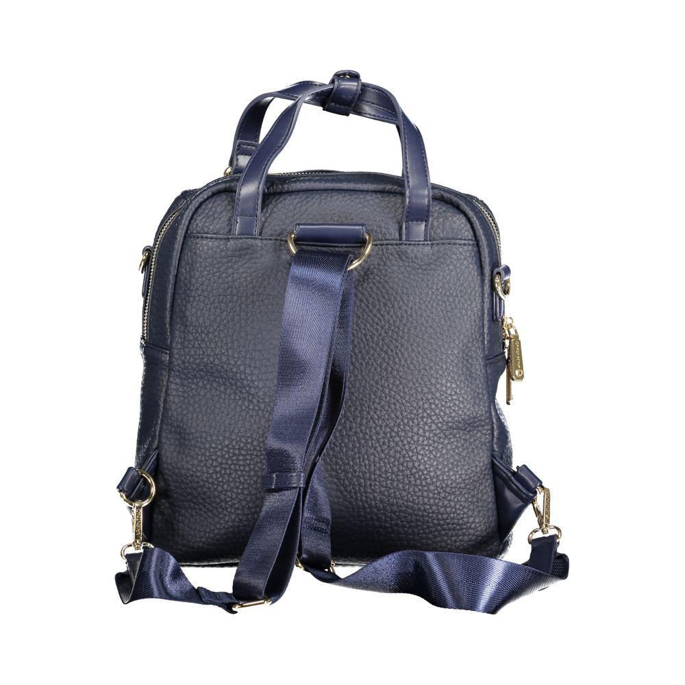 Valentino Bags blue polyethylene women's backpack with adjustable straps and gold-tone zippers, showcasing versatile elegance and chic design.