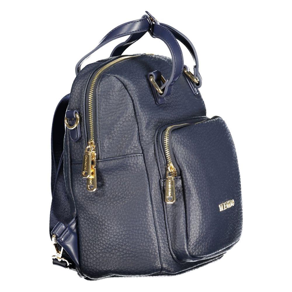 Valentino Bags blue backpack, polyethylene material with gold zippers, versatile handbag-to-backpack design, elegant and chic.