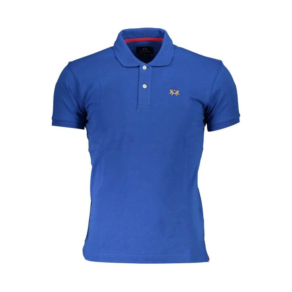 La Martina blue cotton men's polo shirt with logo embroidery and slim fit design, featuring short sleeves and a two-button placket.
