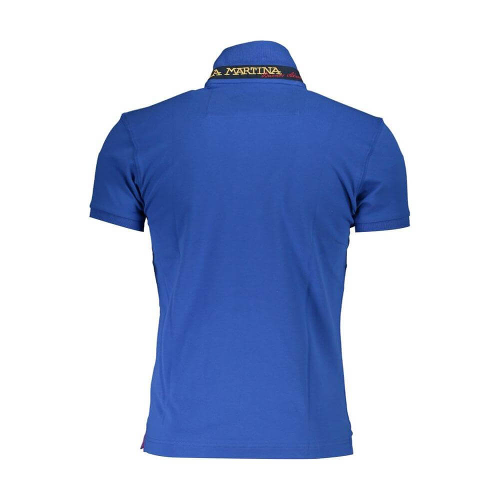 Back view of La Martina Blue Cotton Polo Shirt for men, featuring signature La Martina embroidery logo on the back collar.
