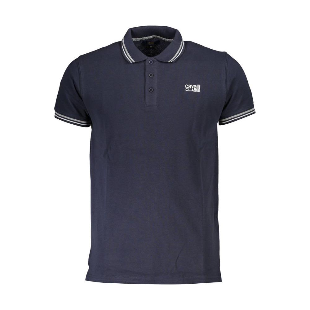 Cavalli Class Blue Cotton Polo Shirt with short sleeves, 3-button placket, printed details, contrasting trims, and logo on chest.