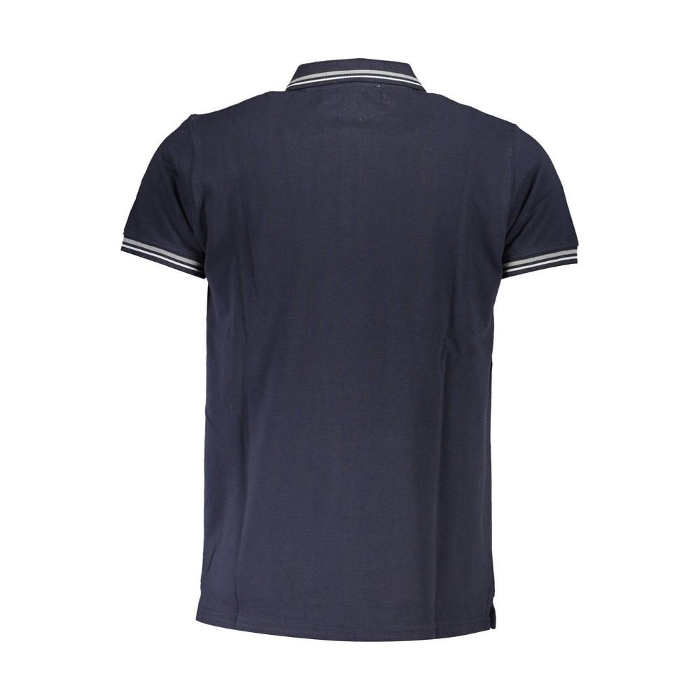 Back view of Cavalli Class blue cotton polo shirt with short sleeves, 3 buttons, print, contrasting details, and logo.