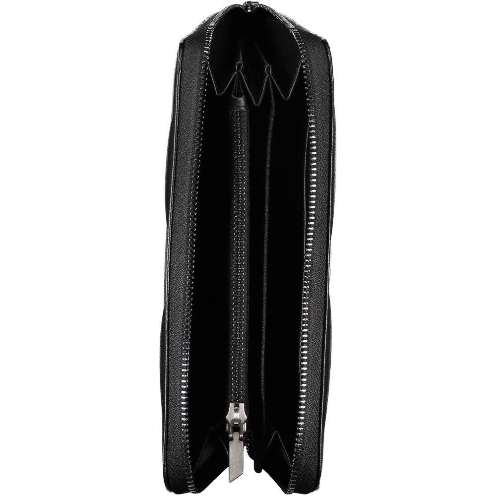 Top view of a Calvin Klein sleek black wallet with RFID blocking, featuring a zip closure and multiple compartments for cards and coins.