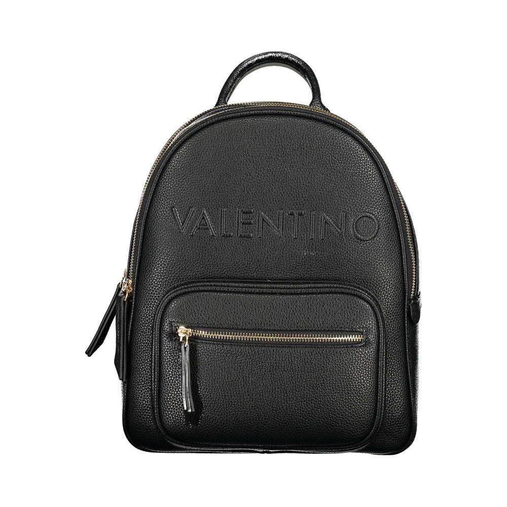 Valentino black backpack with handle, adjustable straps, external pocket, two compartments, and logo design made from recycled materials.