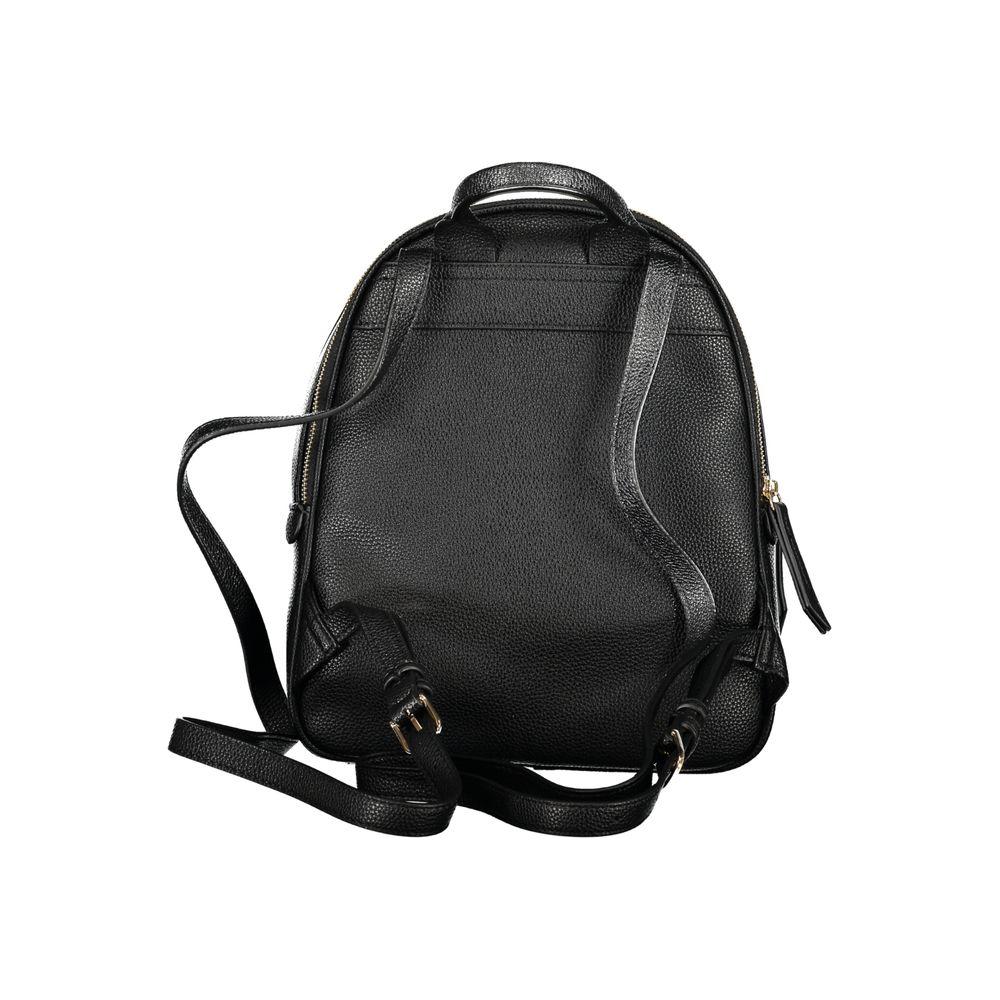 Valentino Bags black polyethylene backpack with handle, adjustable straps, external pocket, compartments, and zip closure.