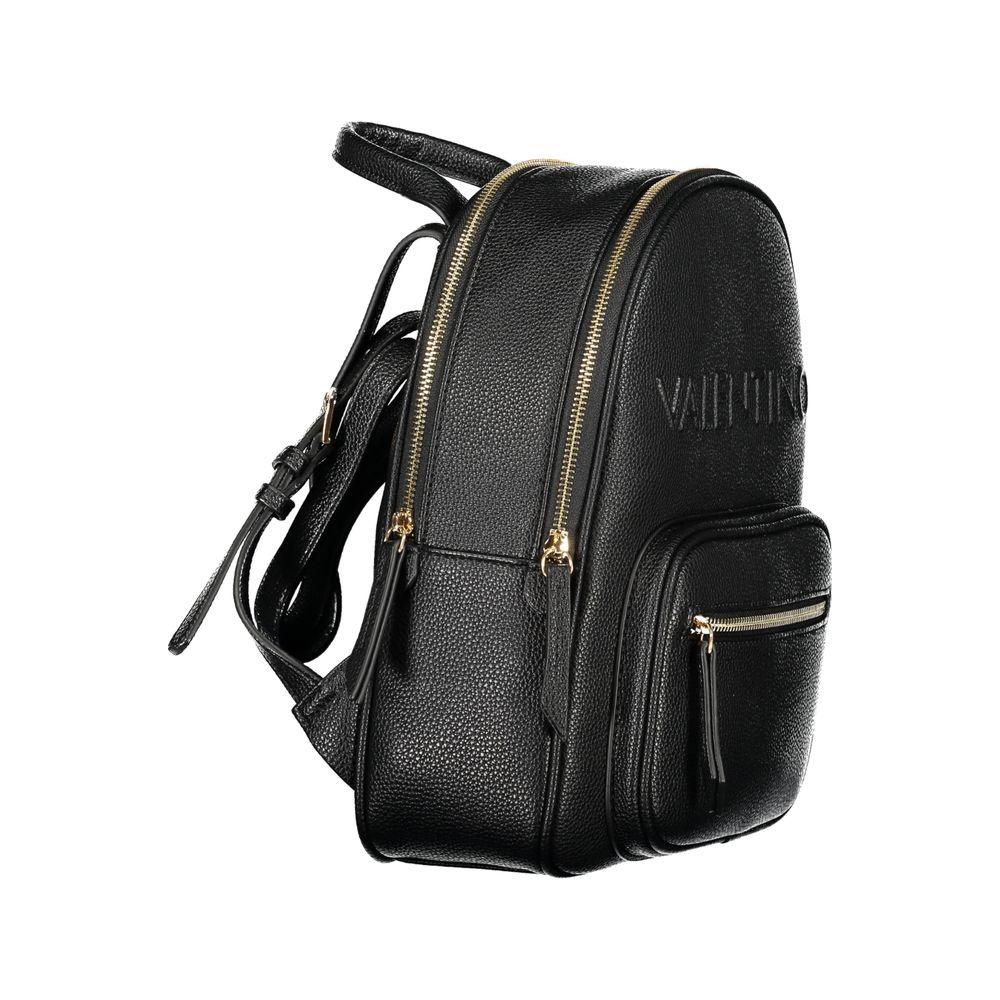 Valentino black polyethylene backpack with one handle, adjustable straps, external pocket, two compartments, and zip closure.