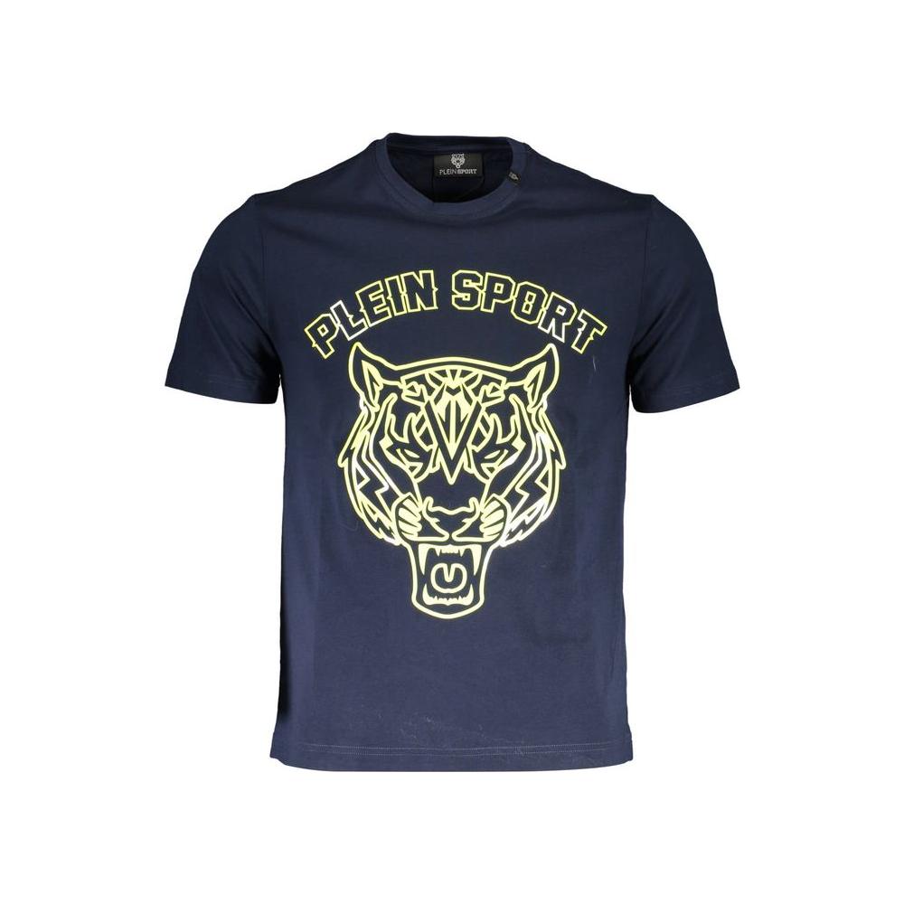 Plein Sport blue cotton men's t-shirt with bold tiger print and logo, short sleeves, designed for trendy athletic style and comfort.