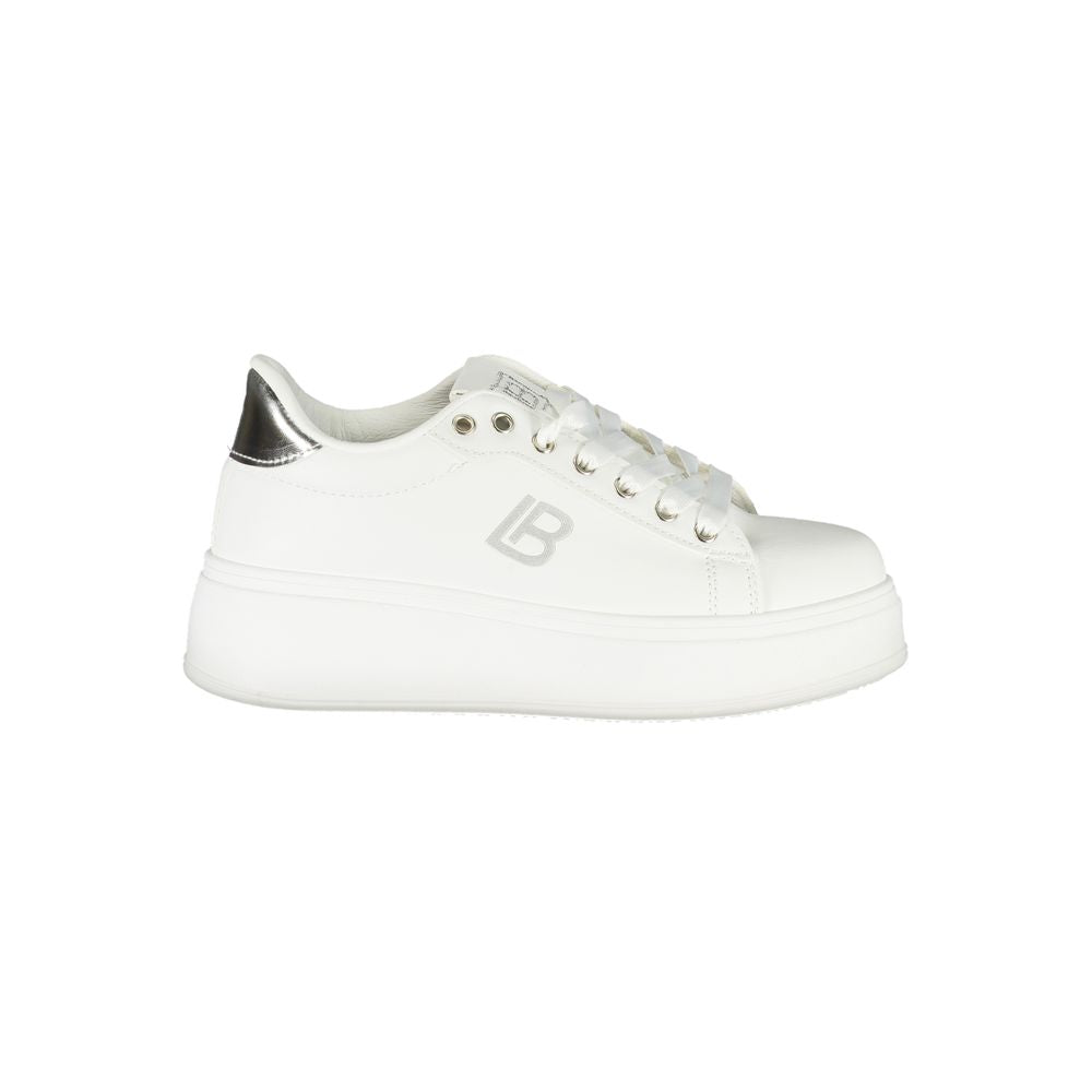 Laura Biagiotti white synthetic women's sneaker with 4 cm wedge and removable rhinestones, offering sporty chic and luxury elegance.