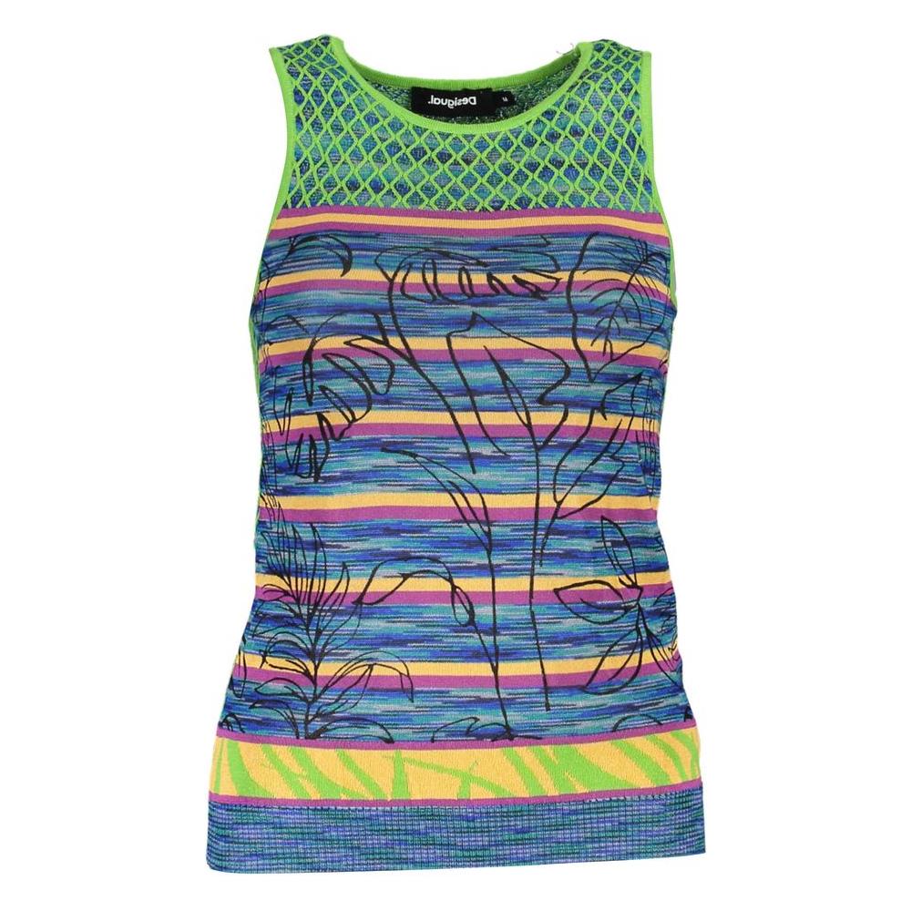 Desigual green cotton women's top featuring wide-shoulders, round neckline, and vibrant pattern with contrasting details.