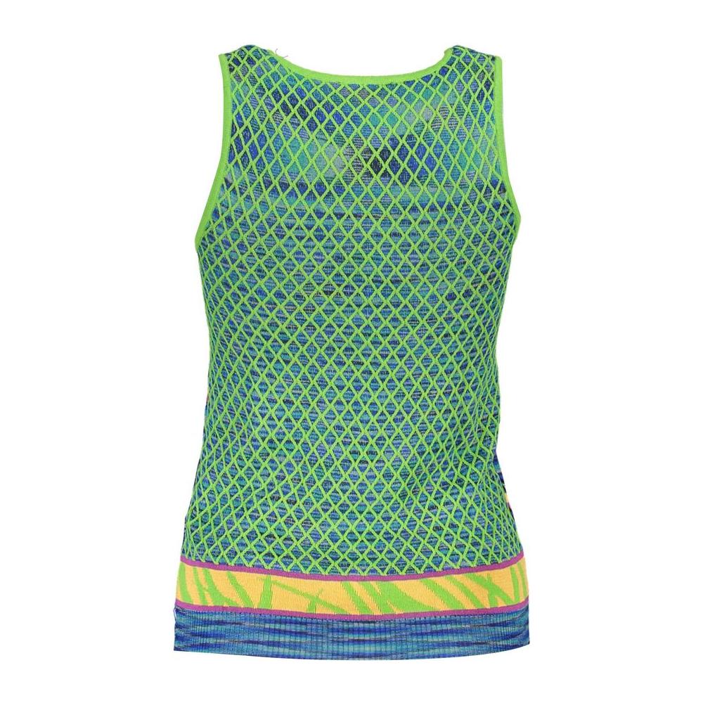 Desigual Green Cotton Women Top with colorful geometric pattern and logo, chic wide-shoulder silhouette, summer fashion.