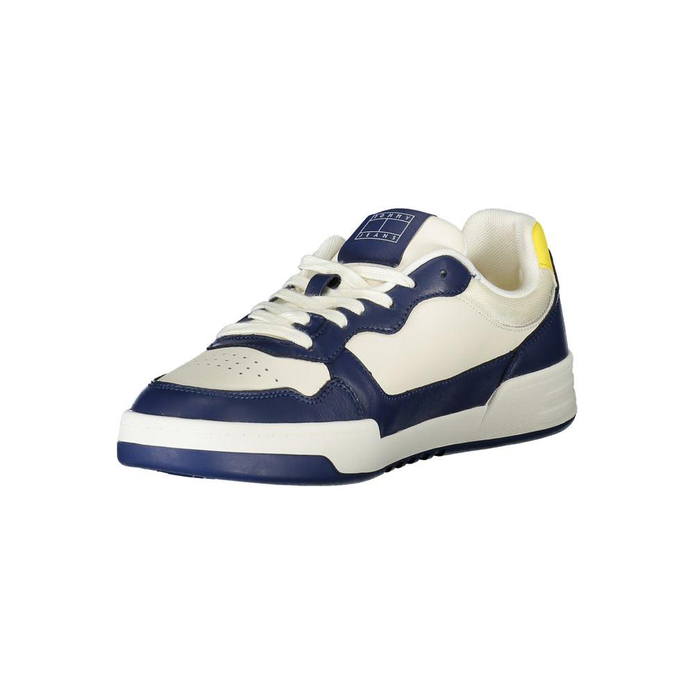 Tommy Hilfiger blue and white men's sneaker with yellow accents, featuring iconic logo and removable insole for comfort and style.