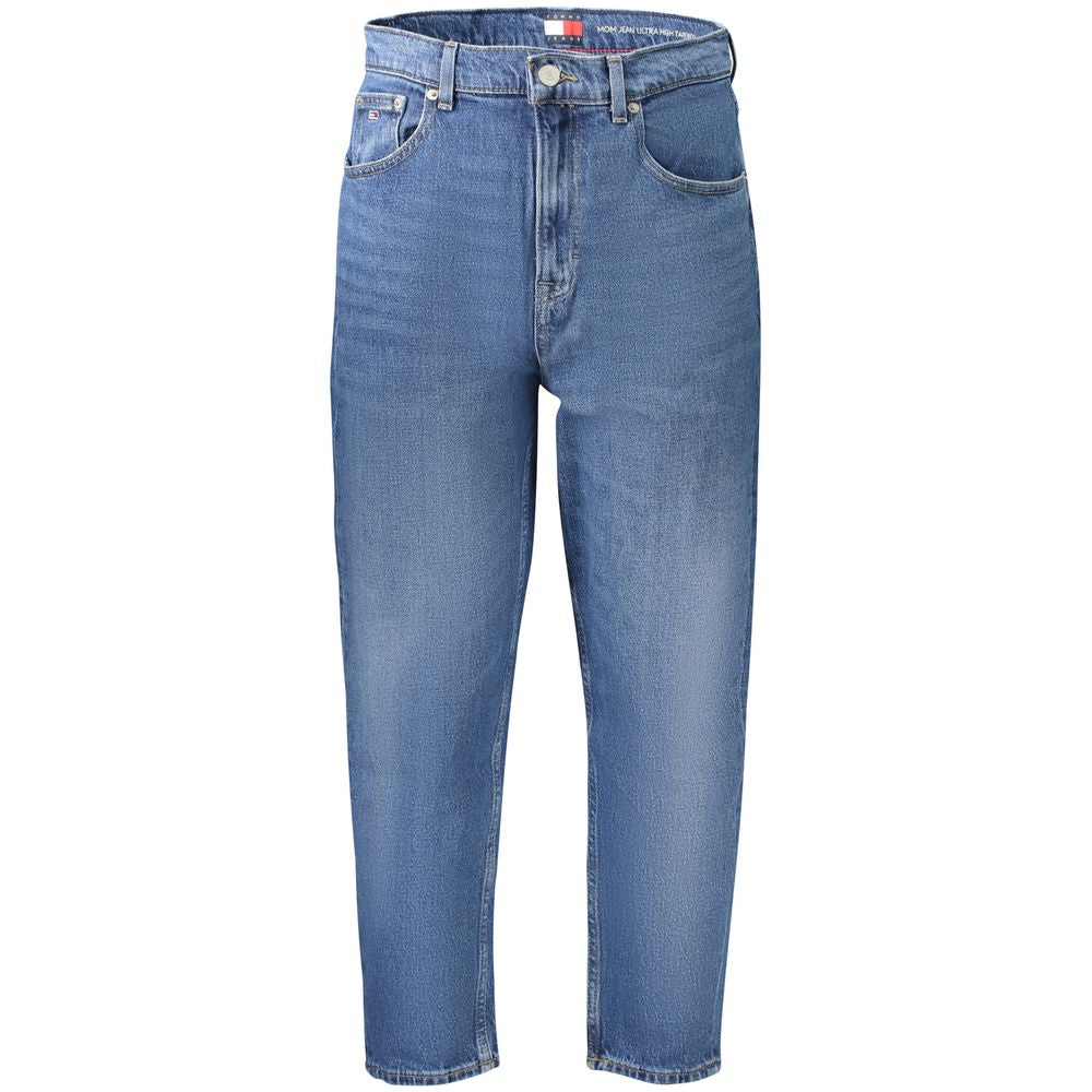 Tommy Hilfiger blue cotton women's jeans, ultra high tapered Mom style with iconic embroidery, logo detailing, and regenerative cotton blend