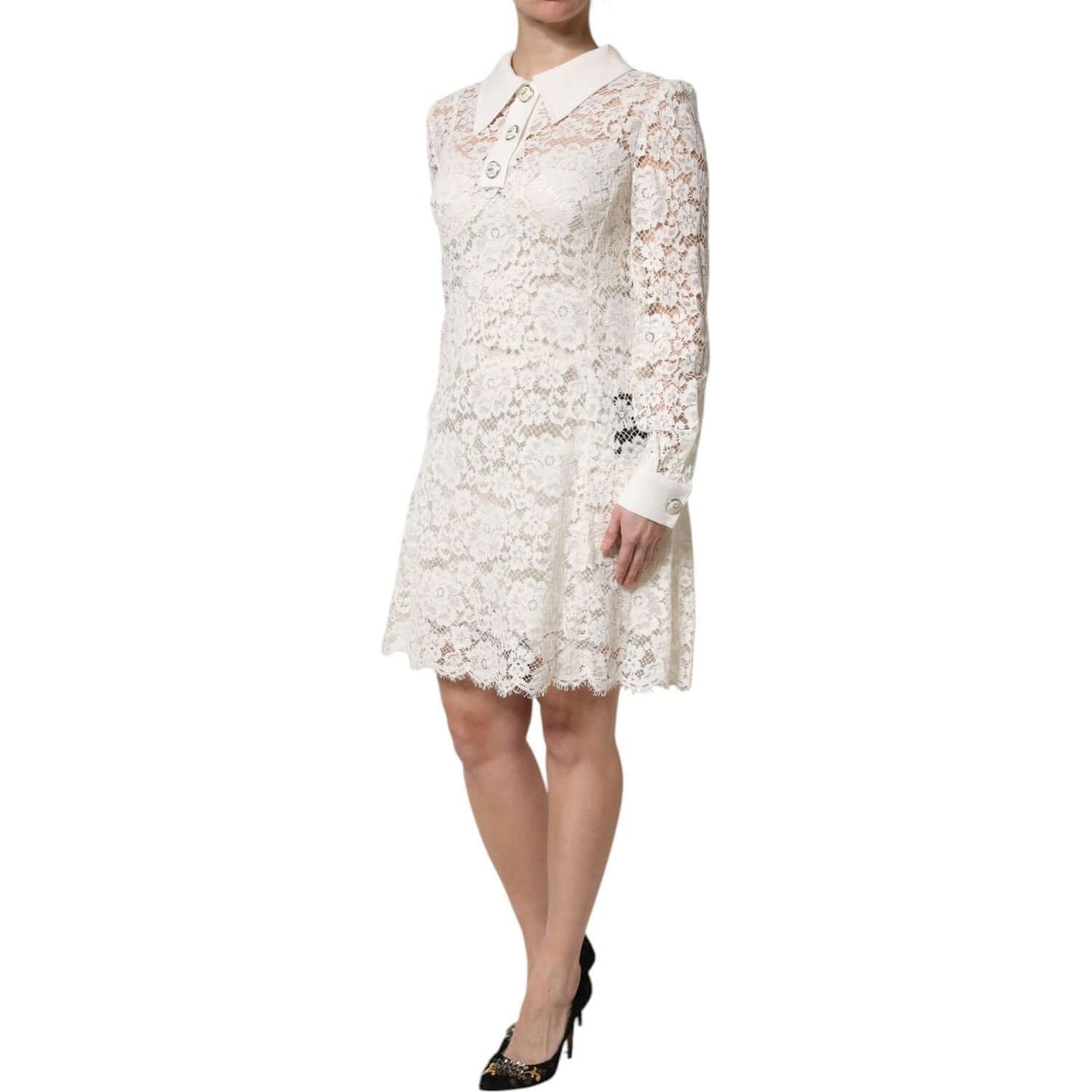Dolce & Gabbana White Floral Lace Long Sleeves Shift Dress