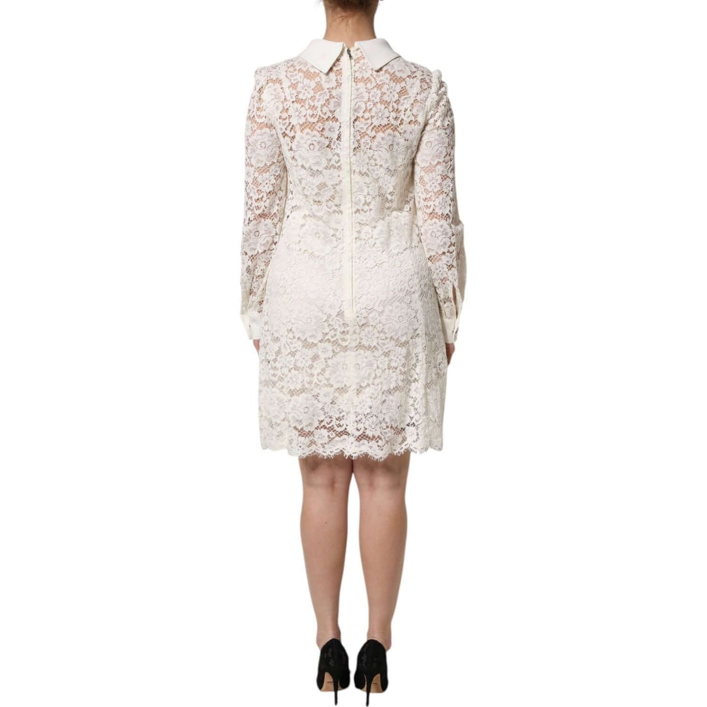 Dolce & Gabbana White Floral Lace Long Sleeves Shift Dress