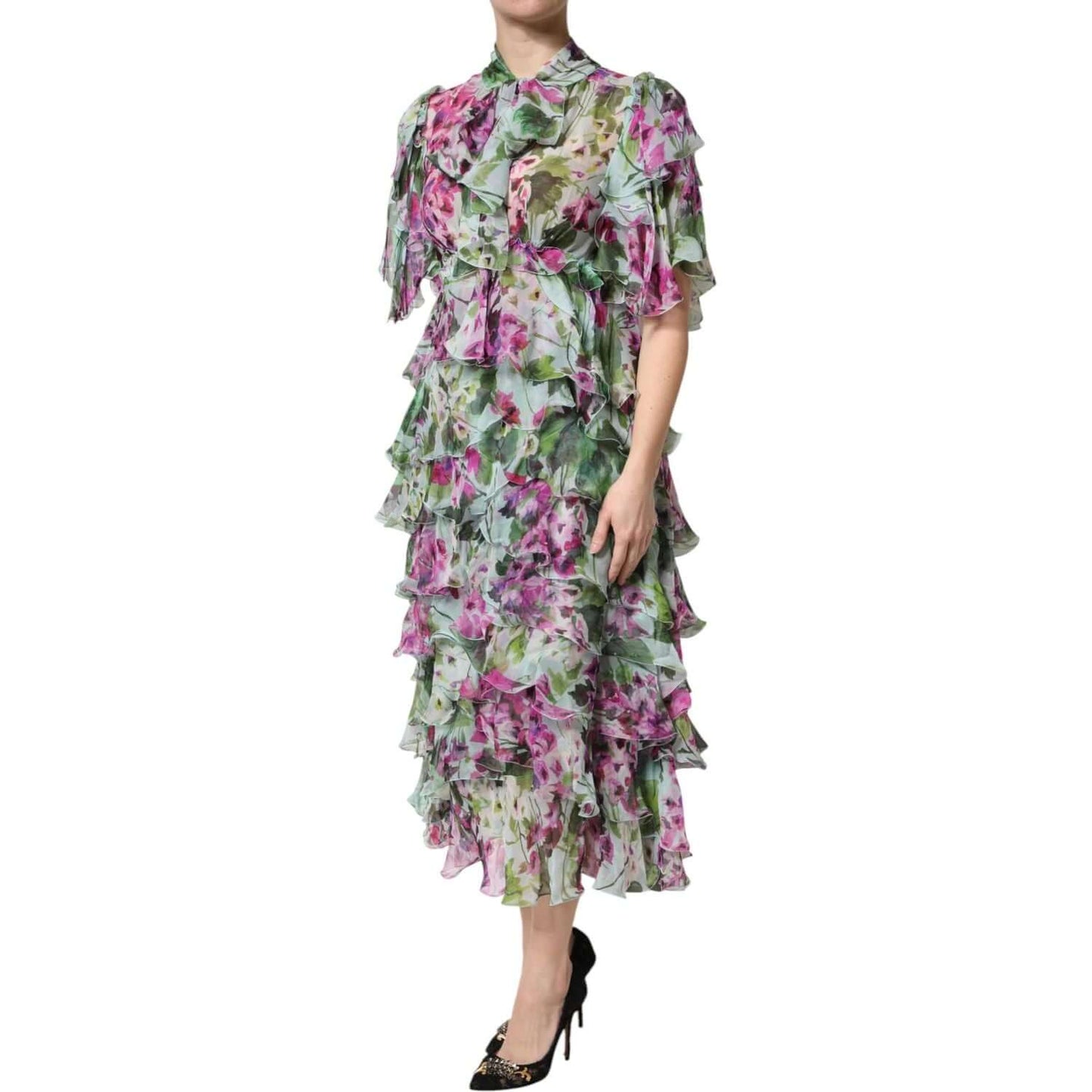 Dolce & Gabbana Multicolor Floral Silk Midi Layered Dress