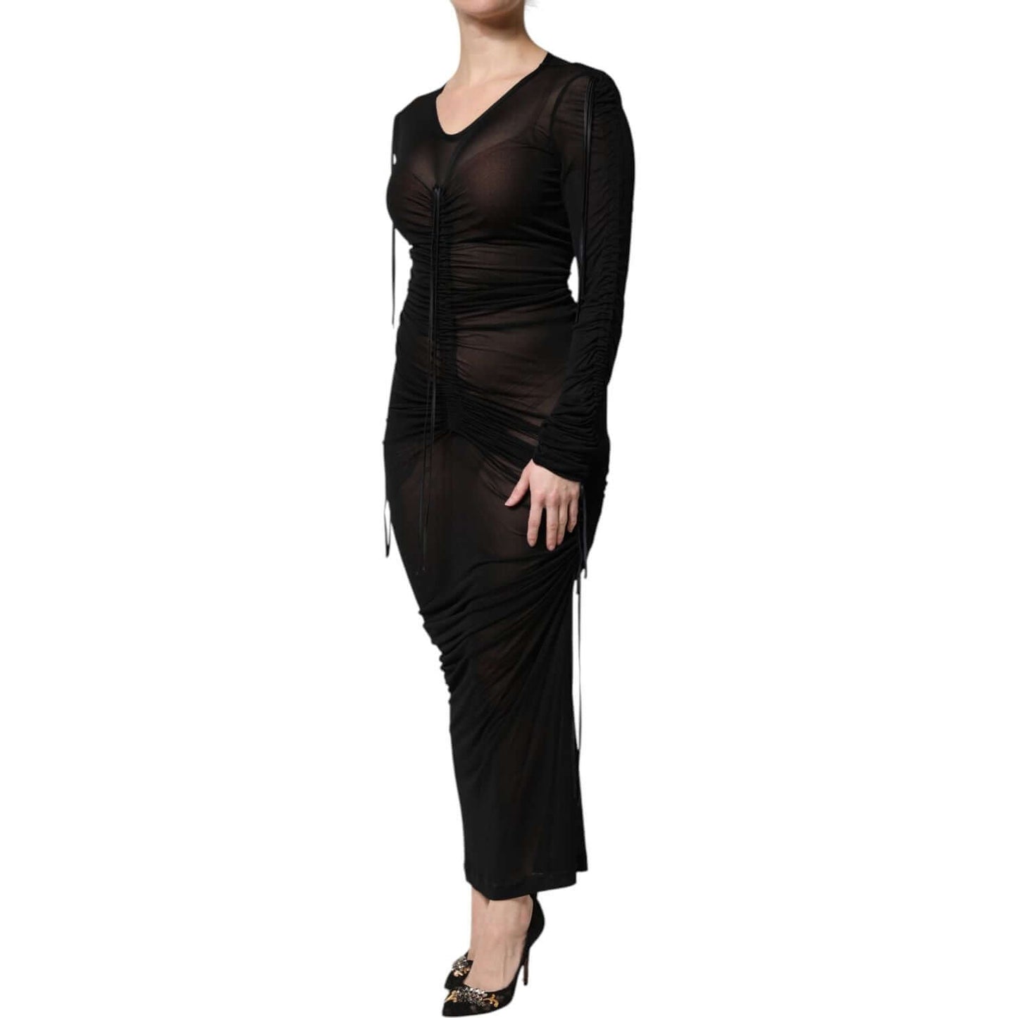 Dolce & Gabbana Black Mesh Trim Bodycon Long Sheath Dress