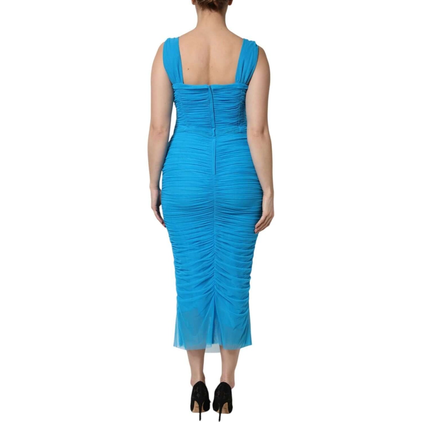 Dolce & Gabbana Blue Mesh Trim Ruched Tulle Sheath Dress