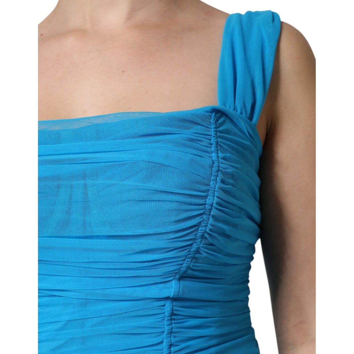 Dolce & Gabbana Blue Mesh Trim Ruched Tulle Sheath Dress