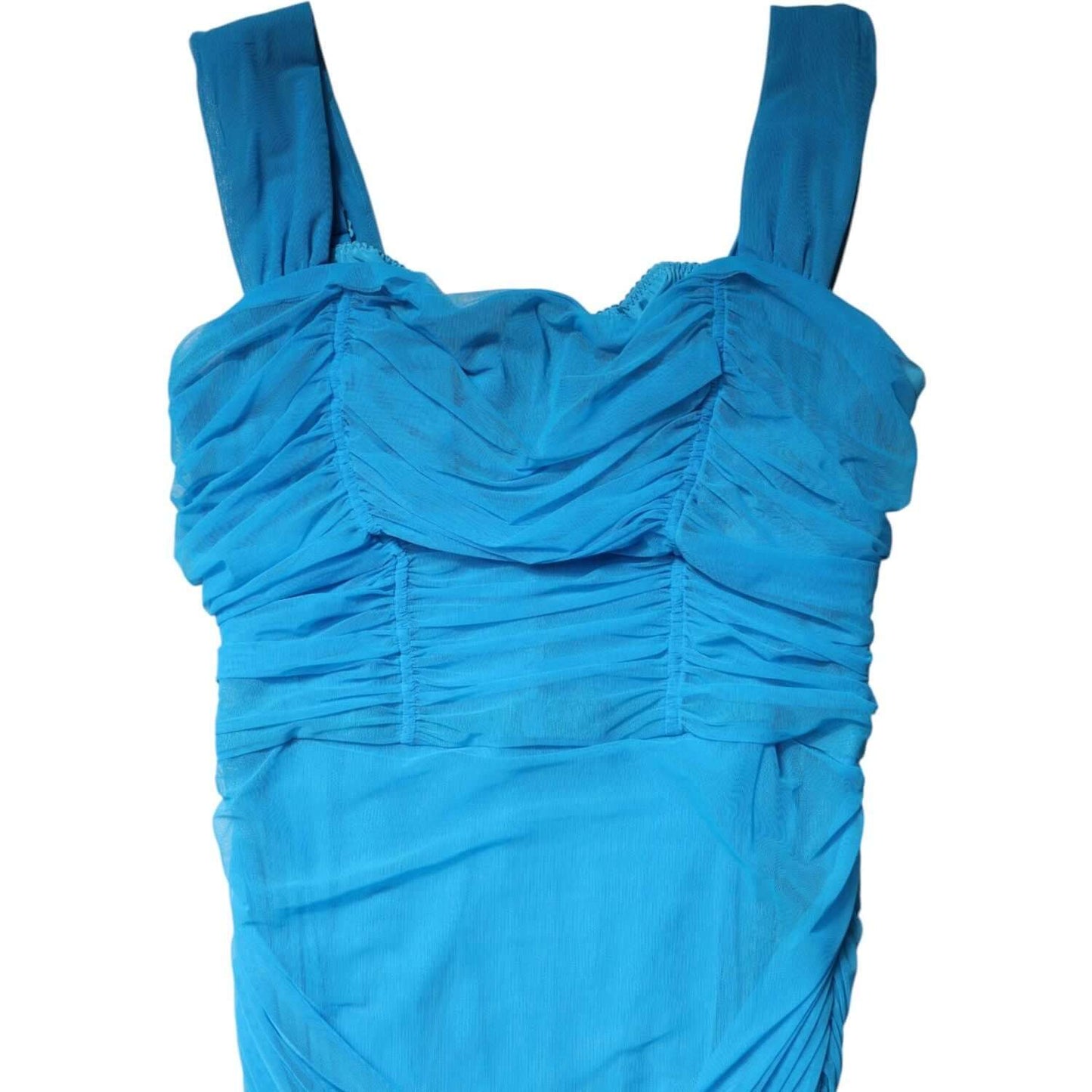 Dolce & Gabbana Blue Mesh Trim Ruched Tulle Sheath Dress