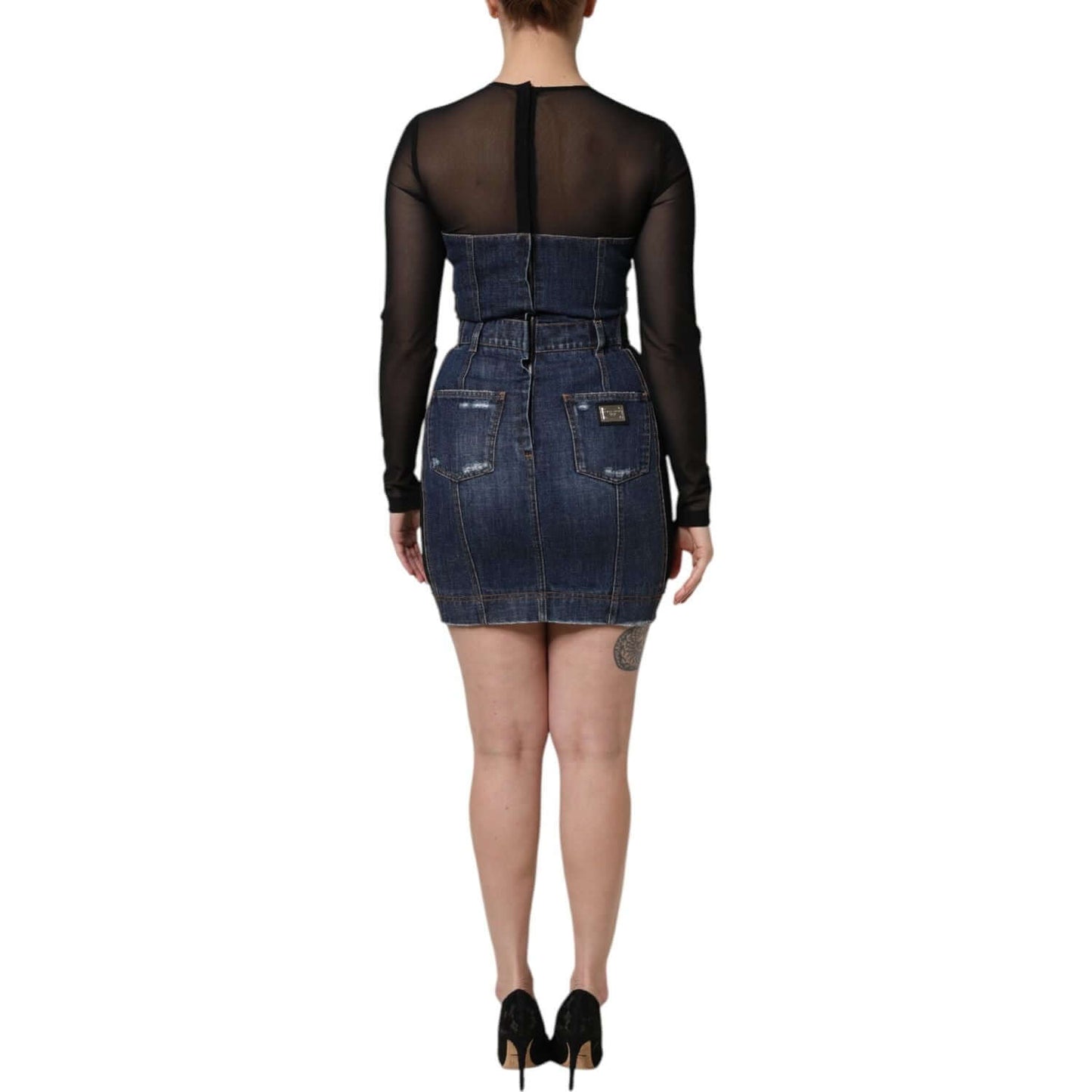 Dolce & Gabbana Black Blue Long Sleeves Denim Mini Dress