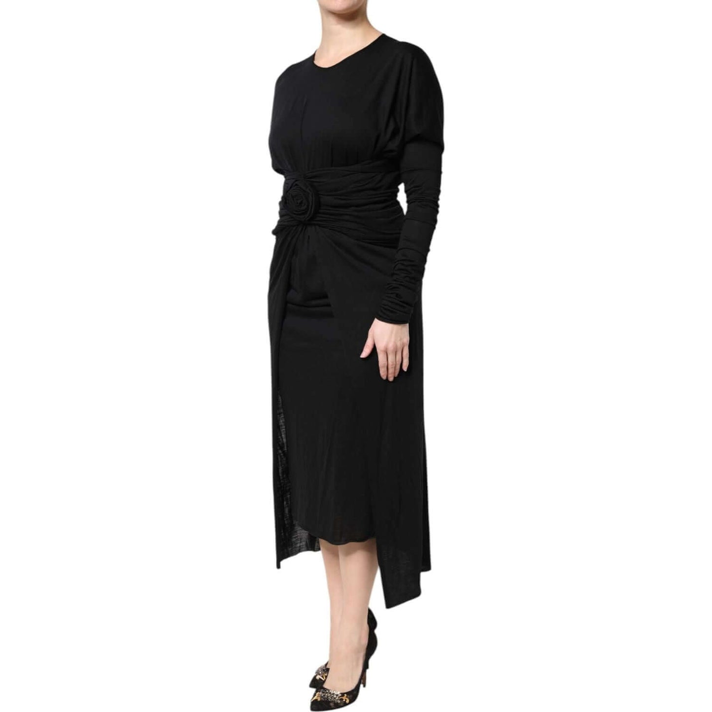 Dolce & Gabbana Black Wool Long Sleeves Sheath Midi Dress