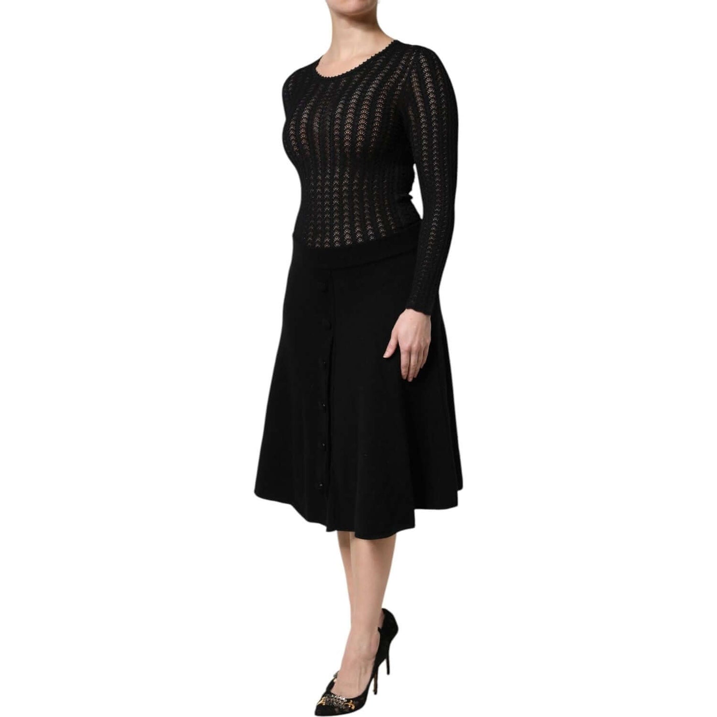 Dolce & Gabbana Black Cashmere Long Sleeves A-line Midi Dress