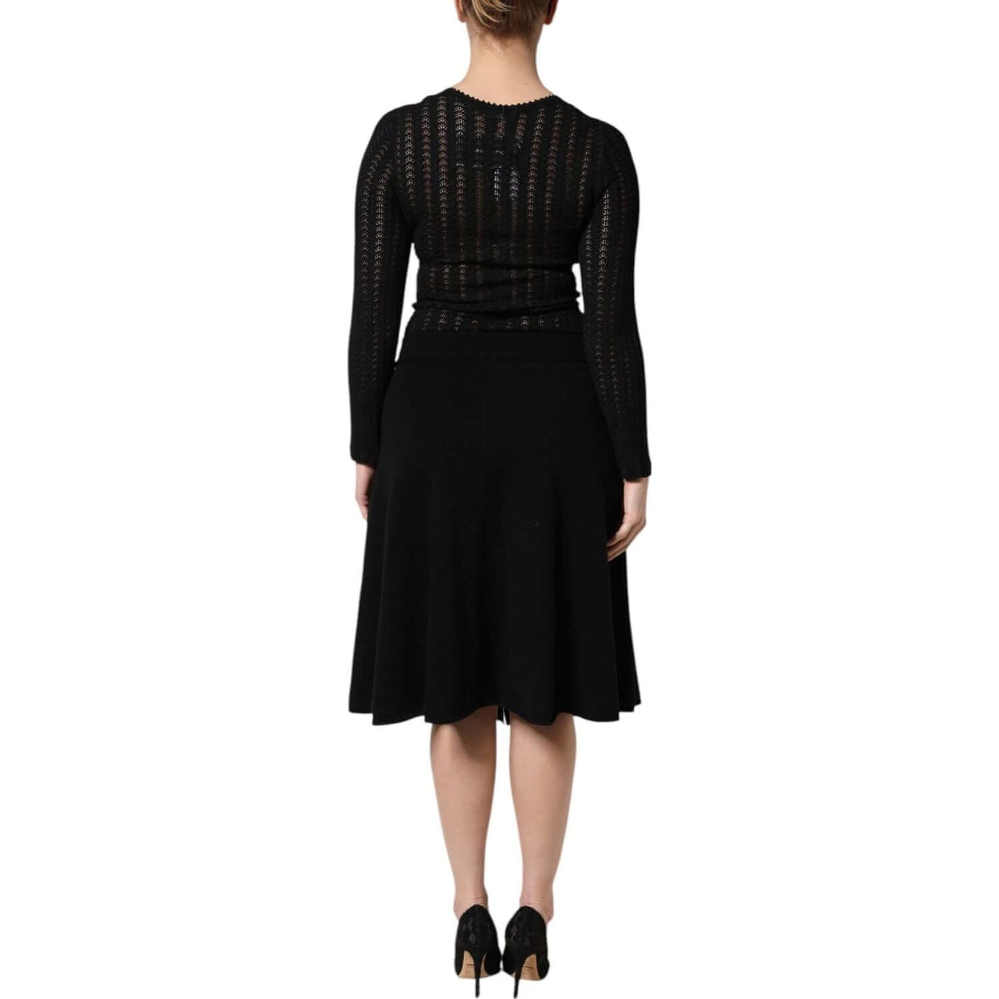 Dolce & Gabbana Black Cashmere Long Sleeves A-line Midi Dress