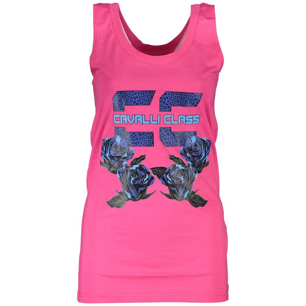 Cavalli Class pink cotton women tank top with bold print and logo, featuring wide shoulders and round neckline.