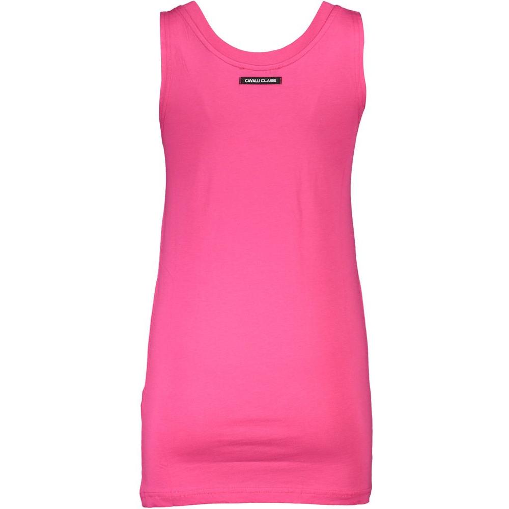 Cavalli Class pink cotton tank top for women with wide shoulders, round neckline, and logo, offering bold sophistication and comfort.