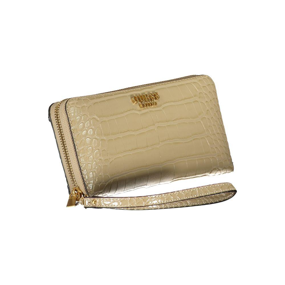 Guess Jeans Chic Beige Multi-Compartment Wallet with Guess logo, five compartments, and a wrist strap for elegant functionality.