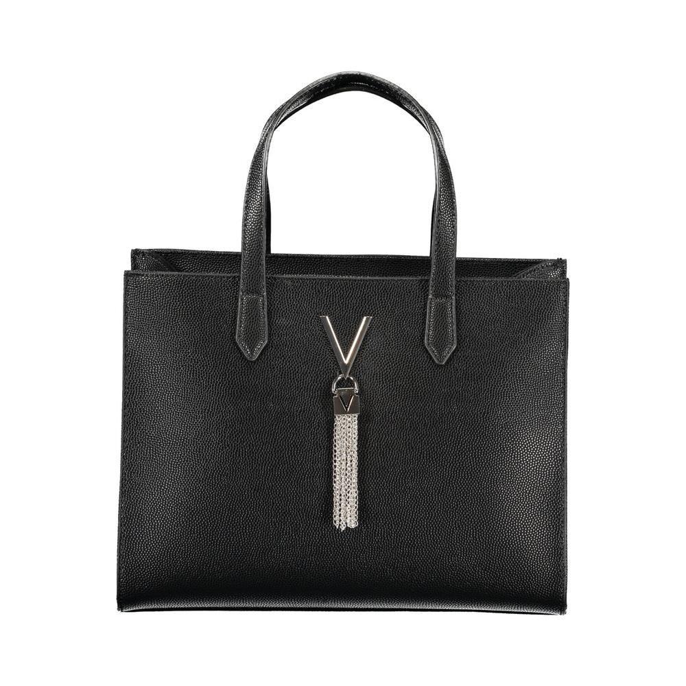 Valentino Bags black polyethylene women's handbag with dual handles and logo, showcasing elegant contrast detailing and Italian design.