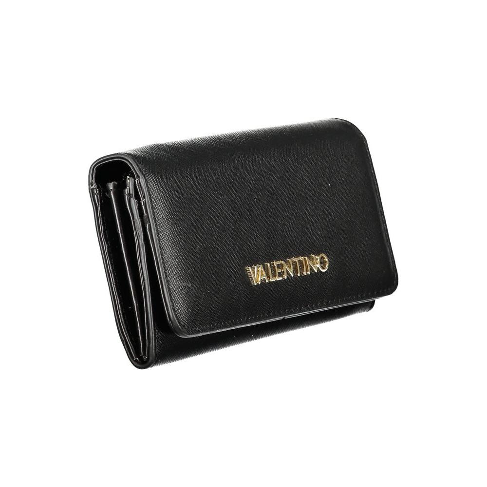 Valentino Bags black polyethylene wallet with logo, featuring 3 compartments, coin purse, card slots, zipper, and automatic closure.