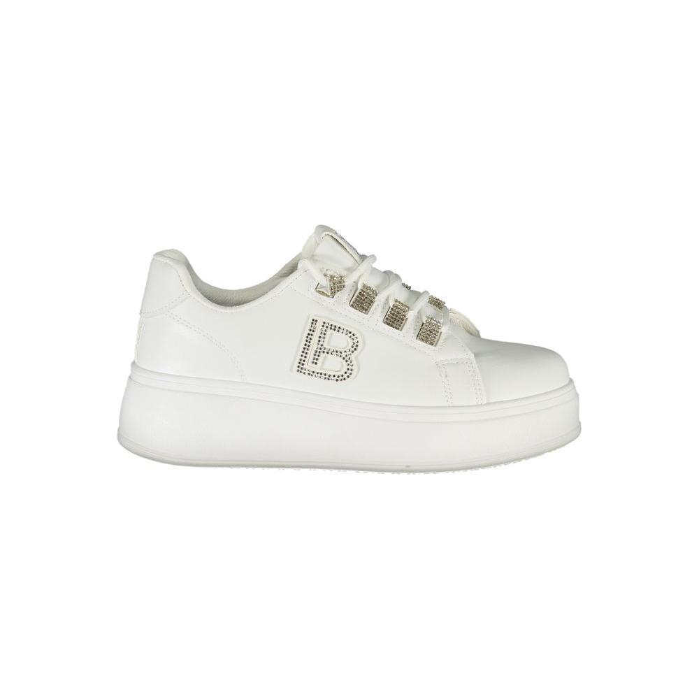 Laura Biagiotti white polyester women's sneaker with rhinestones, 4 cm wedge, and comfortable insole for stylish elegance.