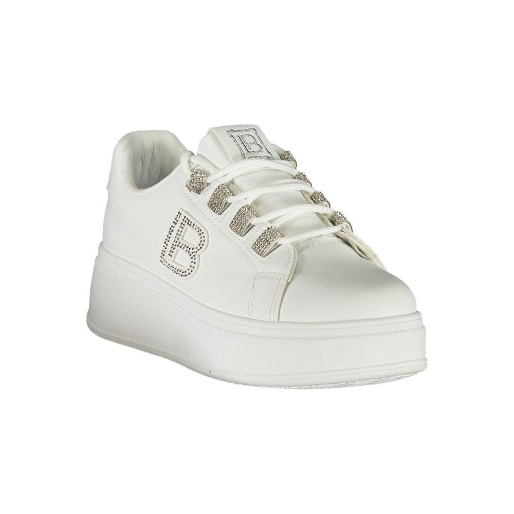 Laura Biagiotti white polyester women sneaker with rhinestones and embroidered logo on 4 cm wedge sole for chic comfort.