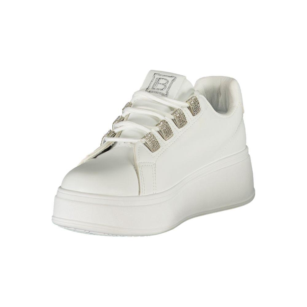 Laura Biagiotti white polyester women sneaker with rhinestone accents on lace hooks and a 4 cm wedge heel, offering chic elegance.