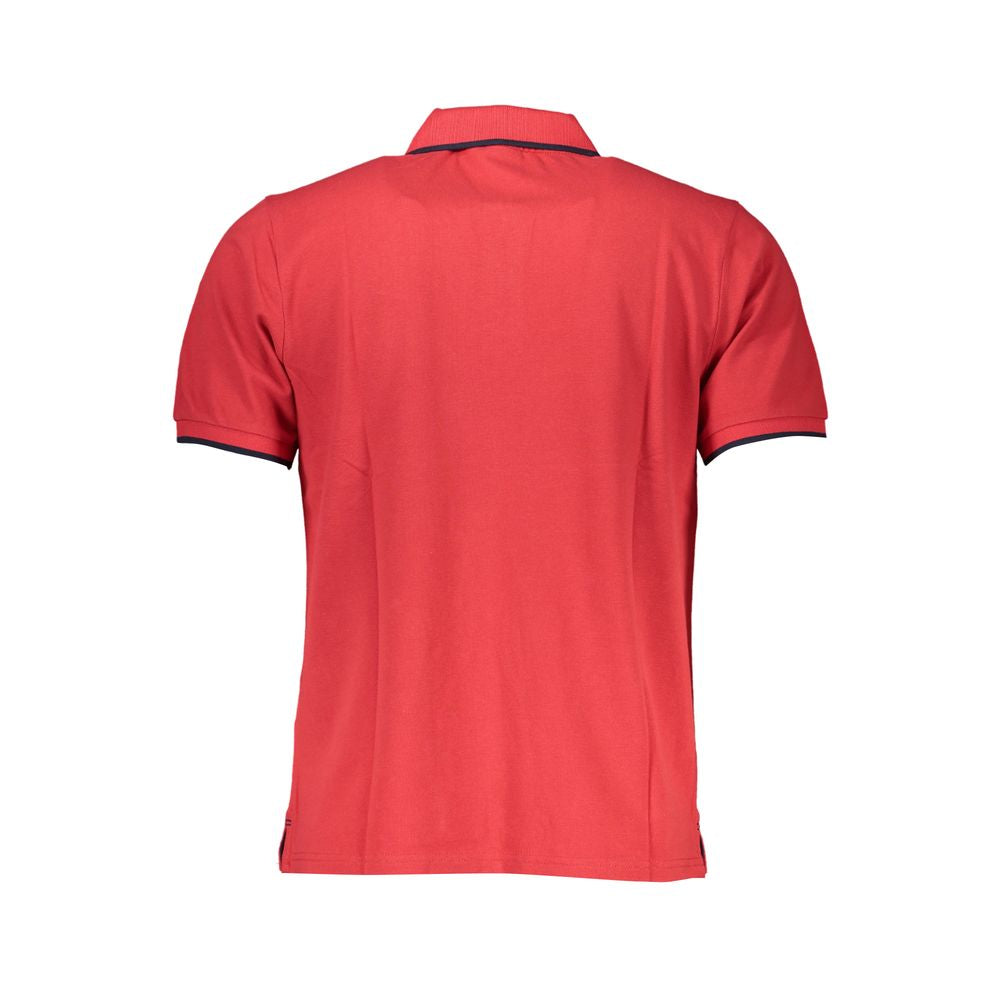 Rear view of North Sails red cotton polo shirt with short sleeves, 2 buttons, contrast details, and logo.