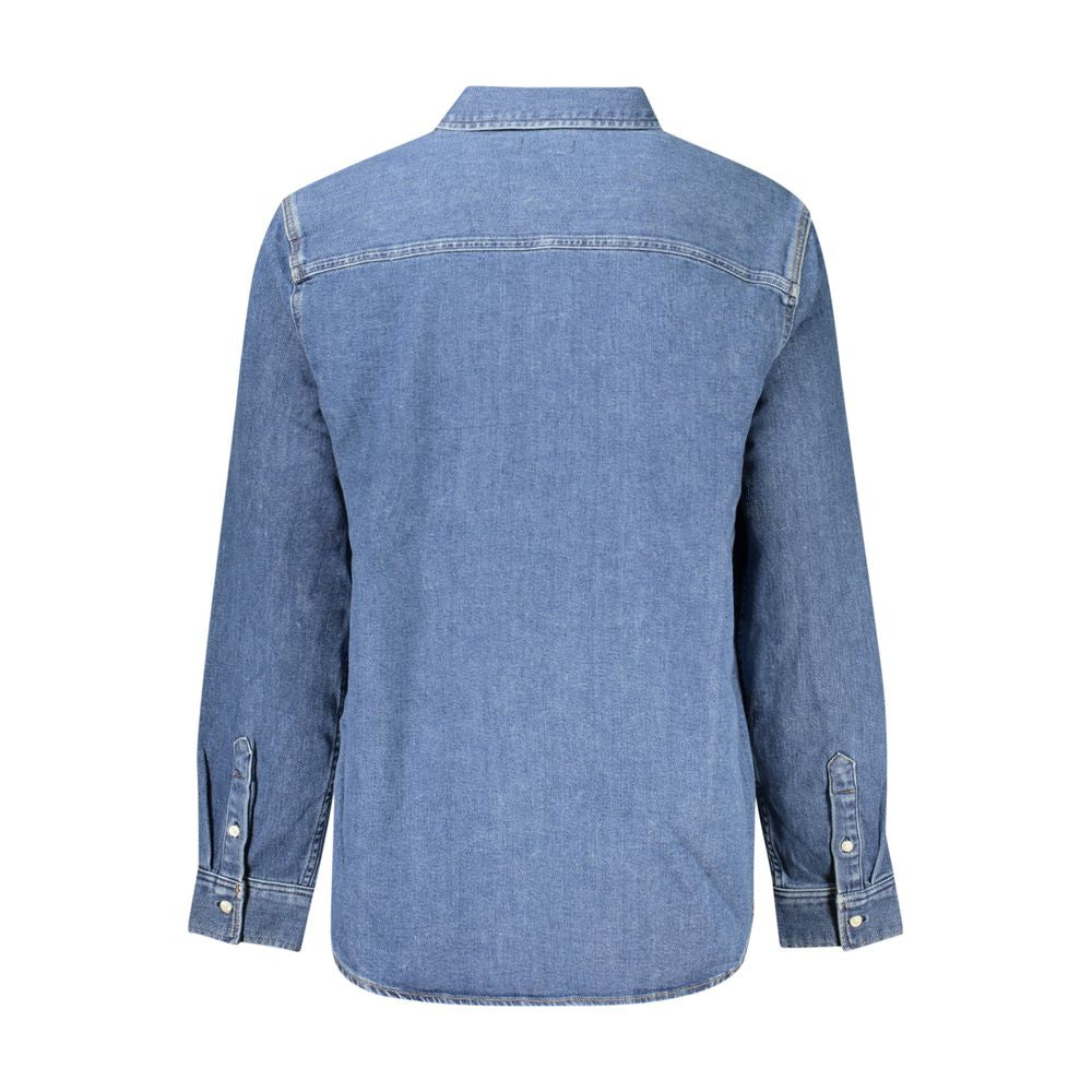 Back view of Calvin Klein blue cotton men's long sleeve shirt with Italian collar and button cuffs.